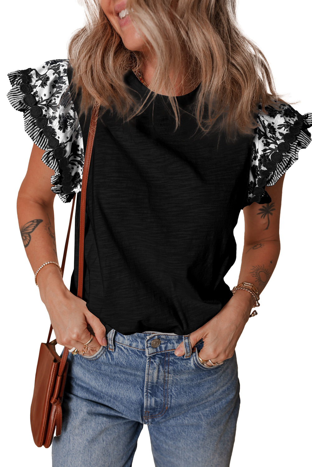 Blue Ricrac Trim Printed Flutter Sleeve Contrast Patchwork Blouse