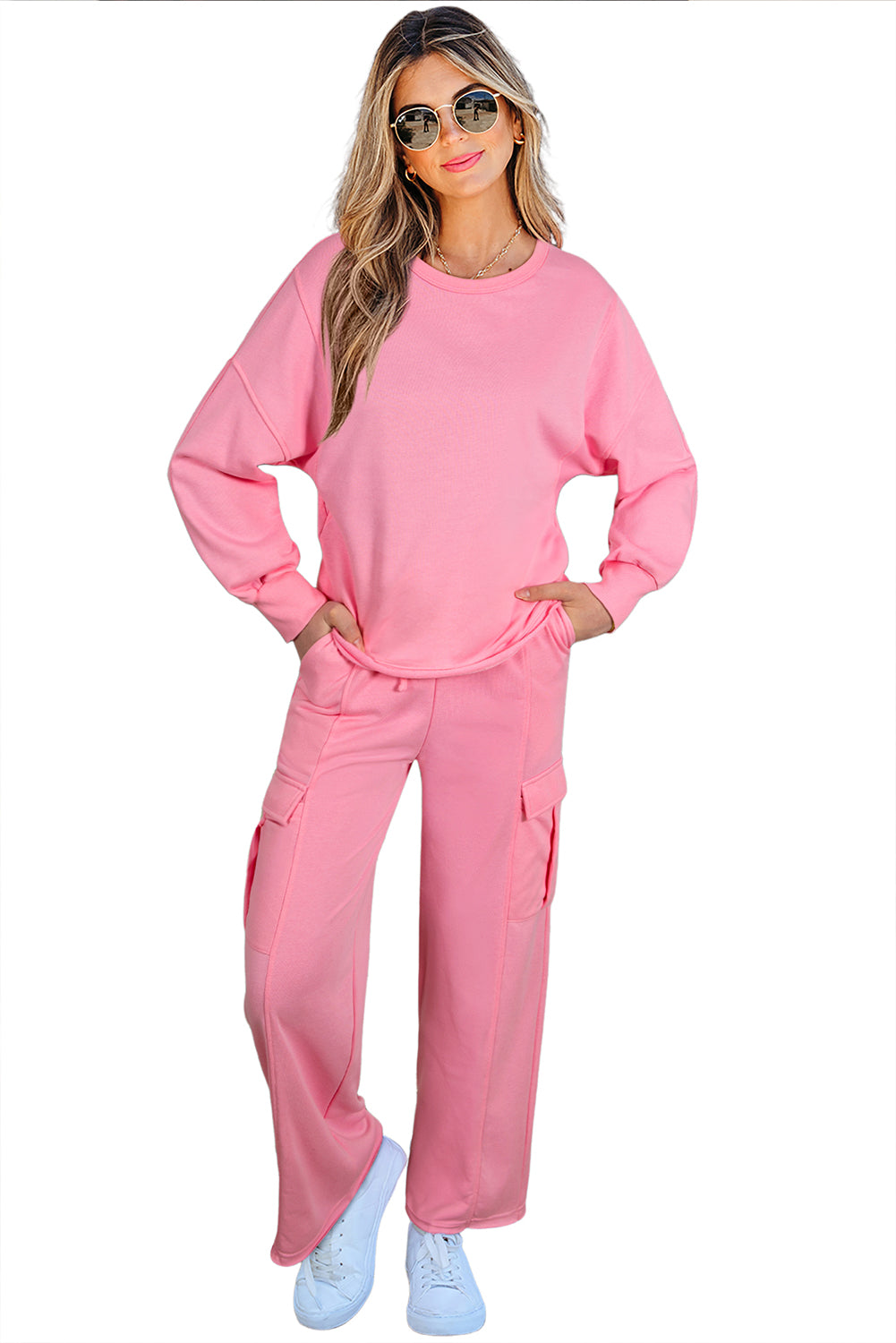 Solid Color Pullover Top and Cargo Pants Set