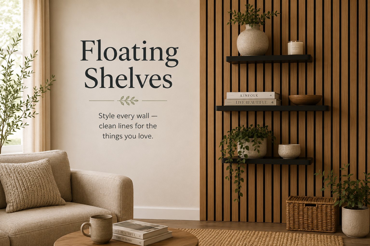Floating shelves styled on a wooden slat wall