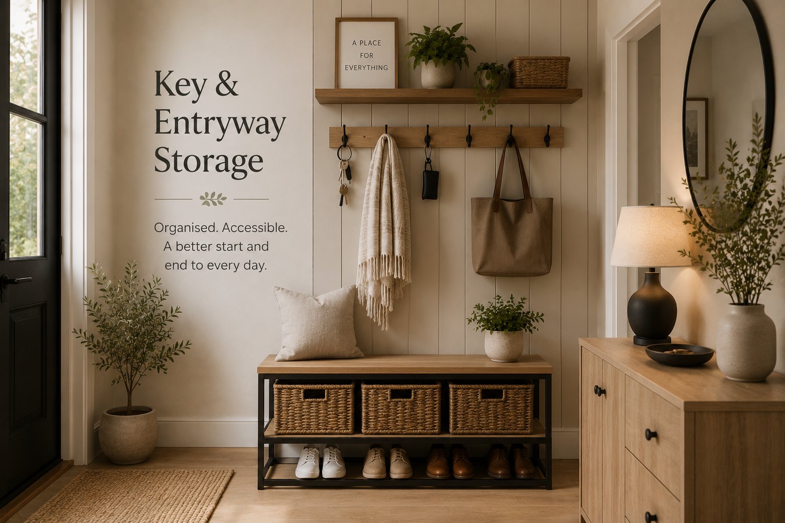 Key and entryway storage on a slat wall