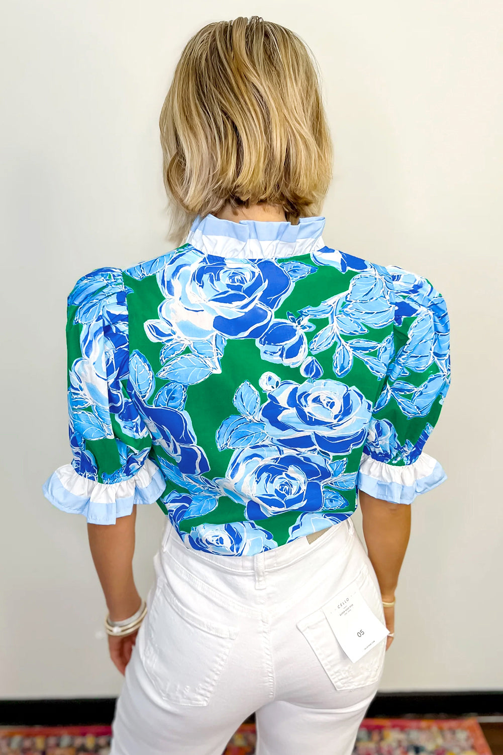 Rose Floral Frilled V Neck Short Sleeve Blouse Top