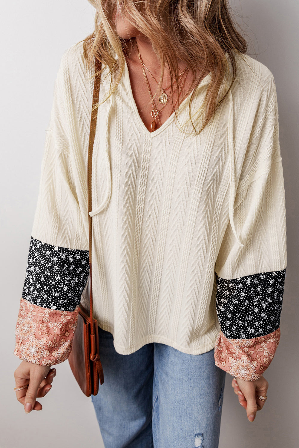 Dusty Pink Floral Patchwork Textured Knit Drawstring V Neck Blouse