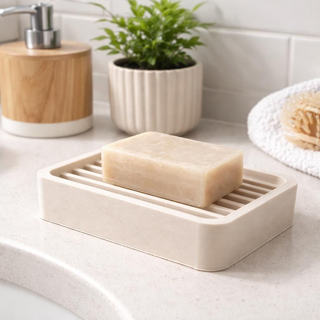Ribbed Soap Dish with Drainage – Modern Bathroom Soap Holder – Minimal 3D Printed Tray