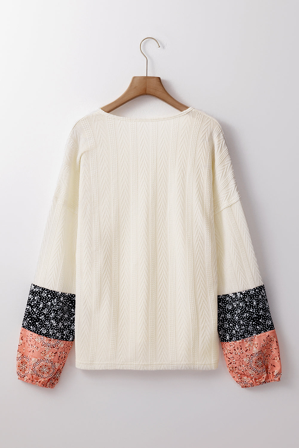 Dusty Pink Floral Patchwork Textured Knit Drawstring V Neck Blouse