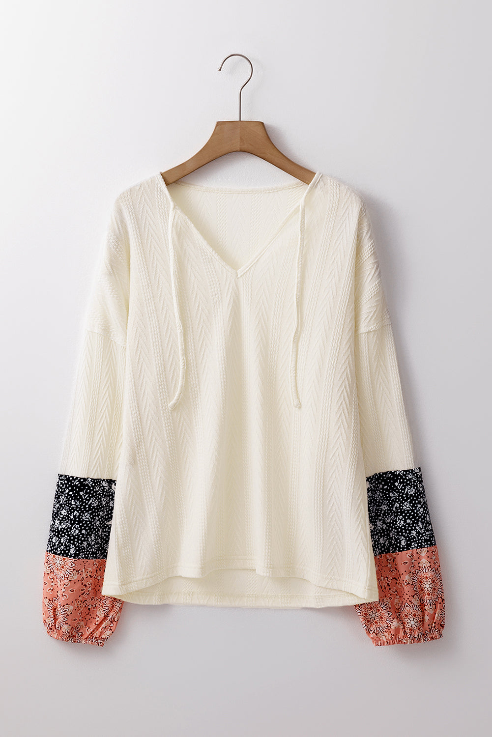 Dusty Pink Floral Patchwork Textured Knit Drawstring V Neck Blouse