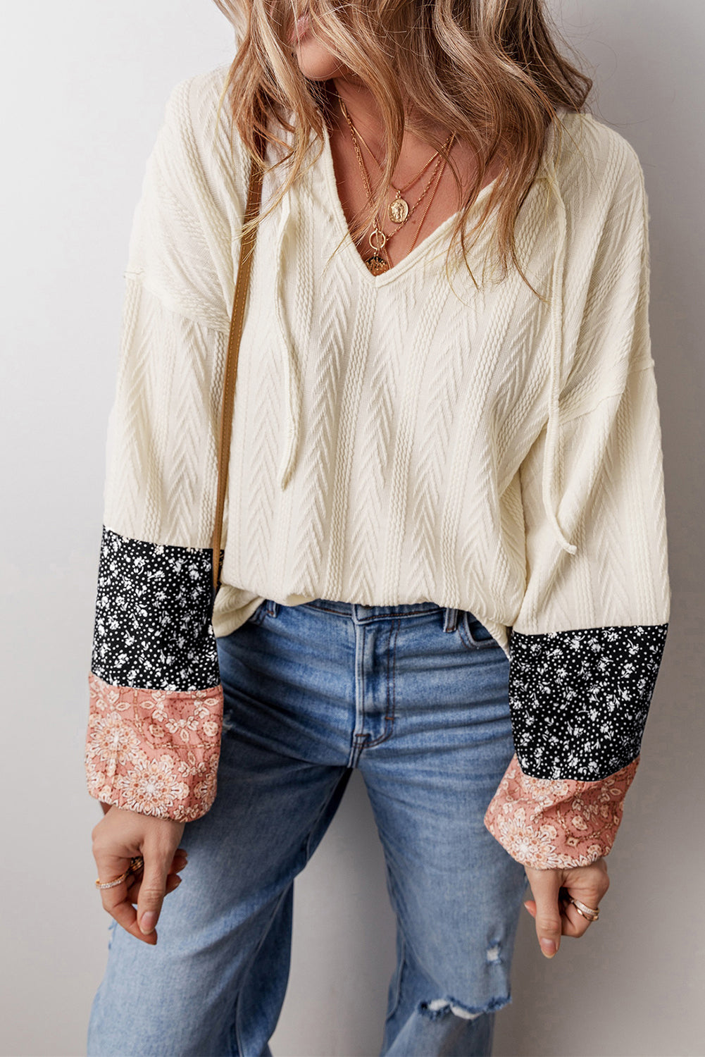 Dusty Pink Floral Patchwork Textured Knit Drawstring V Neck Blouse