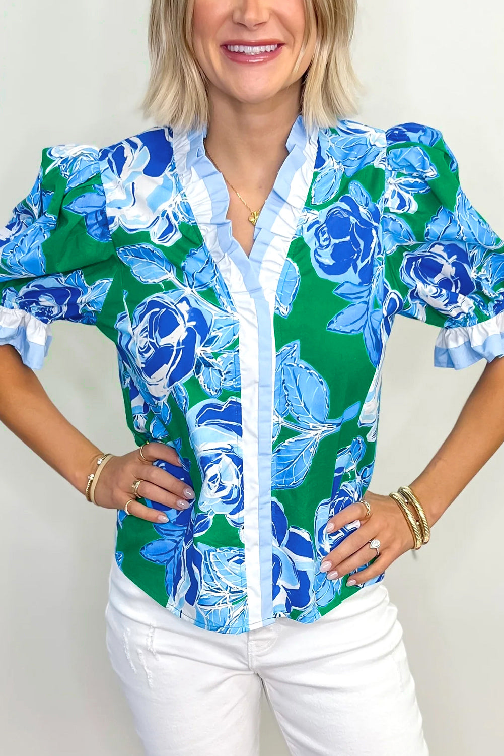Rose Floral Frilled V Neck Short Sleeve Blouse Top