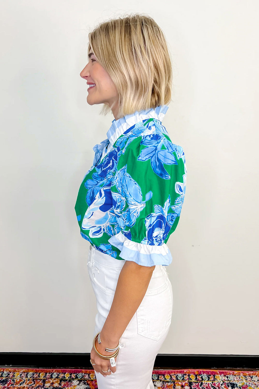 Rose Floral Frilled V Neck Short Sleeve Blouse Top