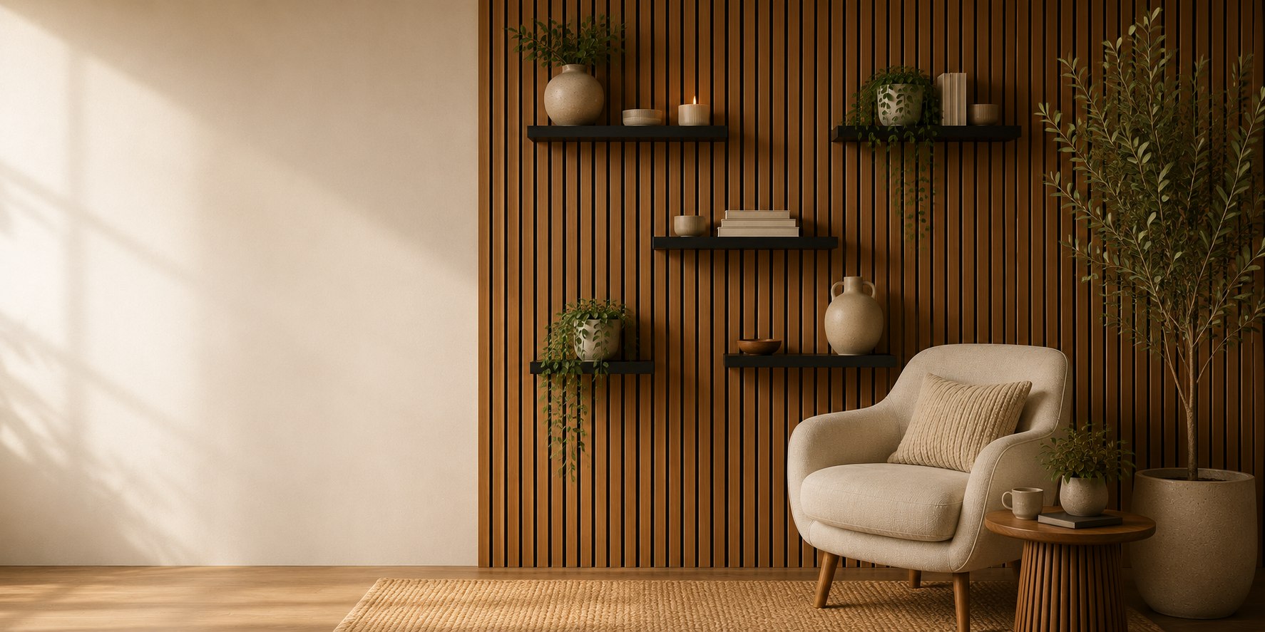 Styled acoustic slat wall living room with floating shelves