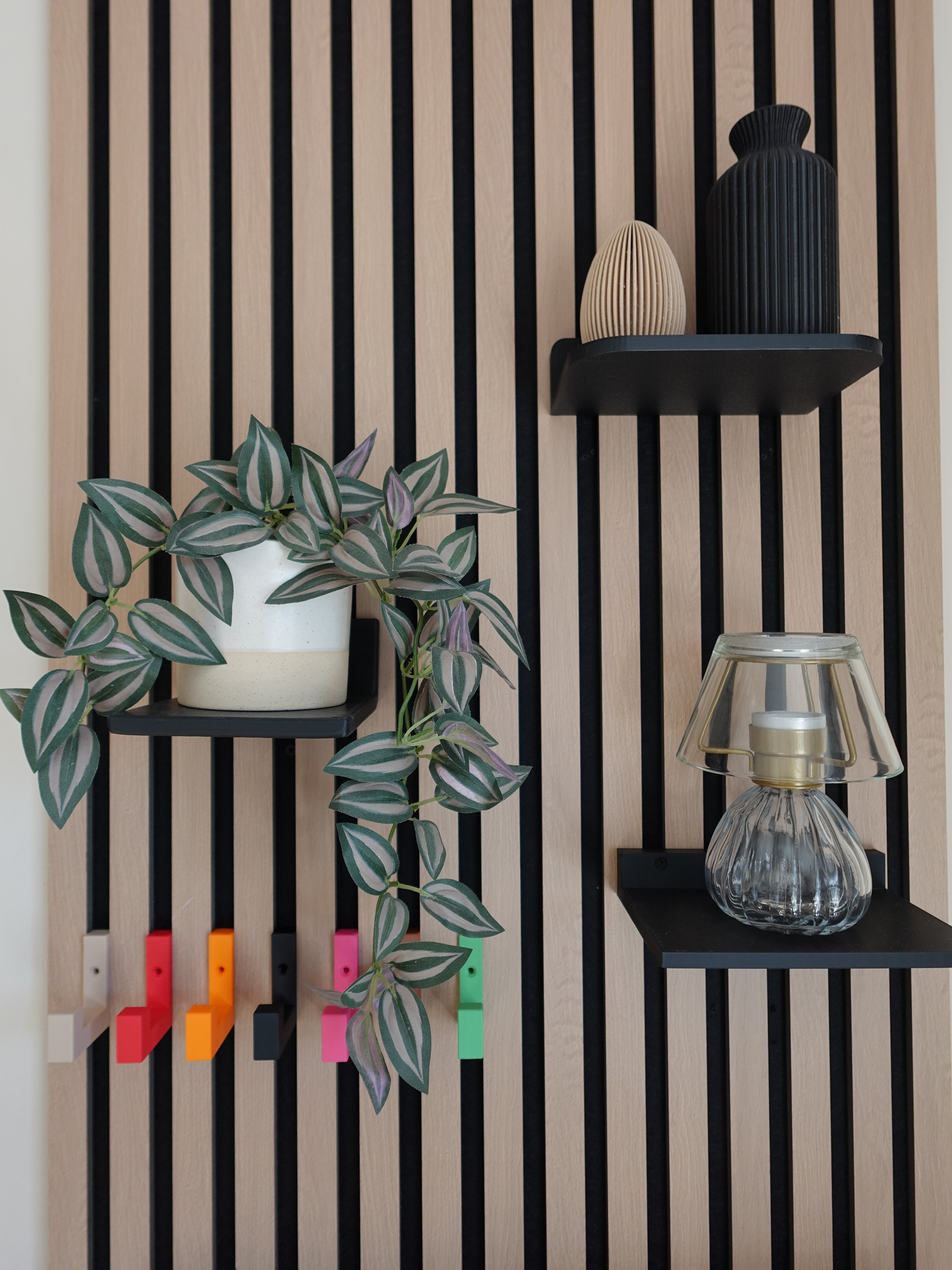 Colourful acoustic slat wall hooks styled with plant and decor