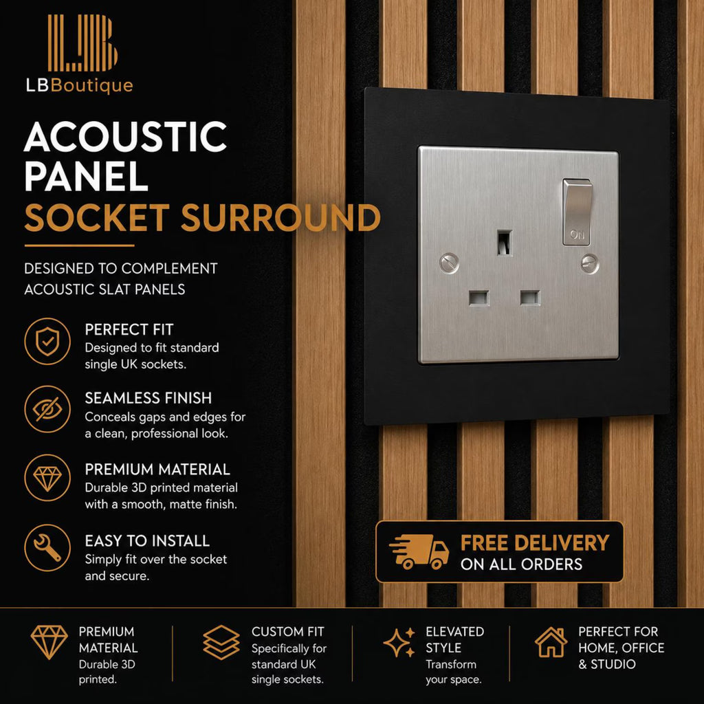 Single Gang Socket Surround for Acoustic Slat Wall Panels | Hides Cut Edges | Tape Included | PETG