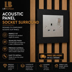 Infographic for LB Boutique single-gang socket surround for acoustic slat walls, showing perfect fit and easy install features