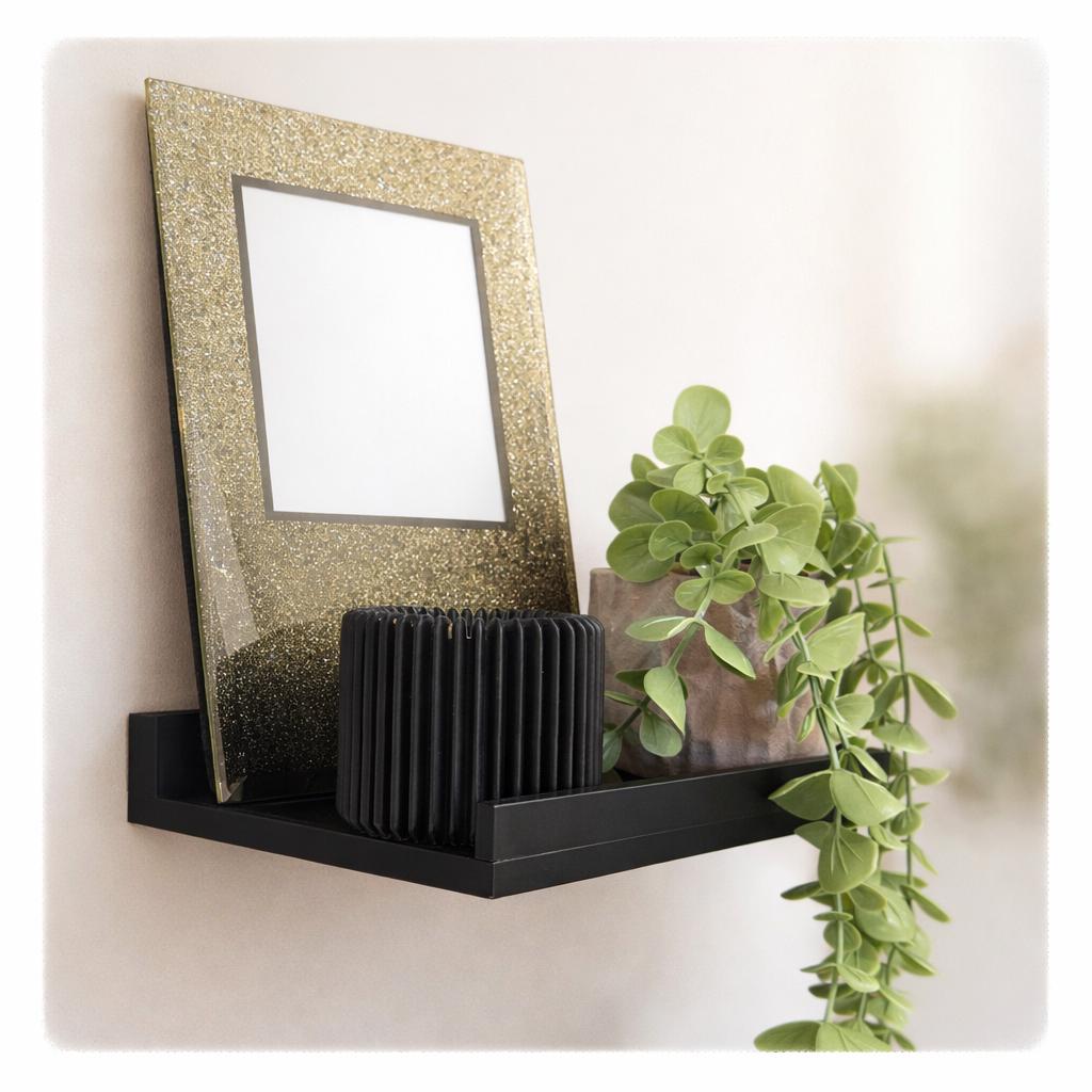 Black picture ledge shelf holding a framed photo and trailing plant