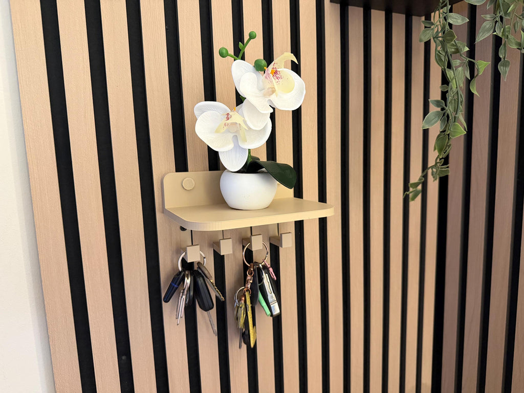 Acoustic Slat Wall Key Holder Shelf | Modern Entryway Organizer, Key Hooks Storage
