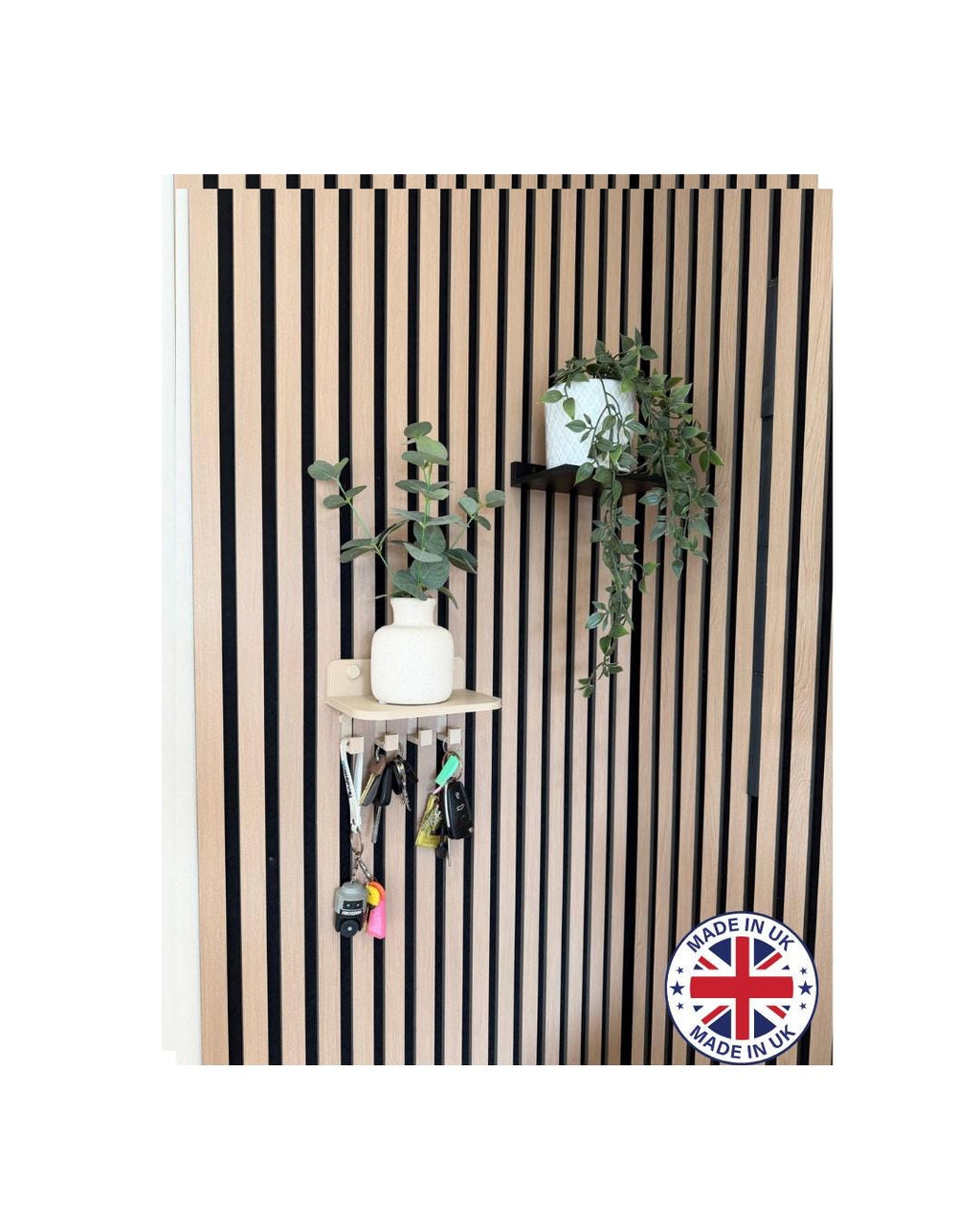 Acoustic Slat Wall Key Holder Shelf | Modern Entryway Organizer, Key Hooks Storage