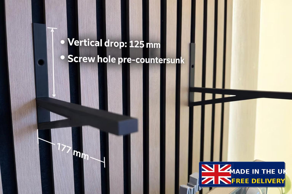 Black shelf bracket dimension diagram showing 125mm vertical drop and 177mm length, made in UK