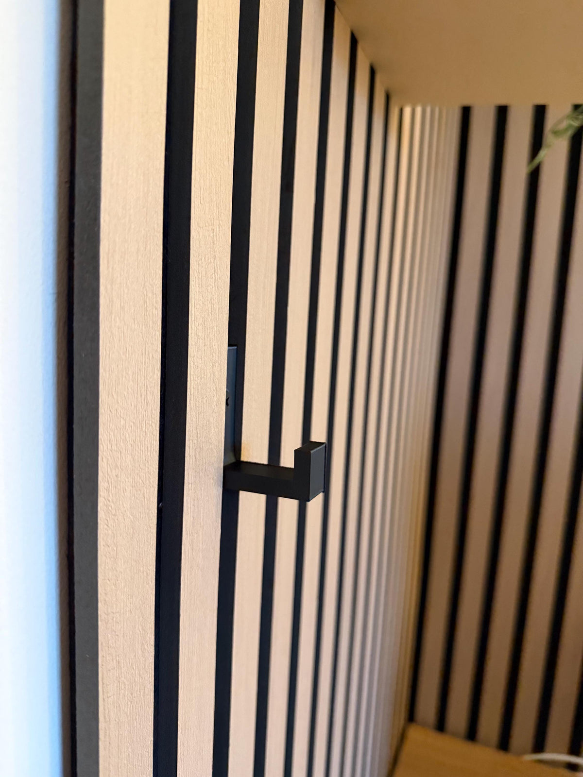 Matte black hook mounted on a slat wall panel, close-up of the clip fixing