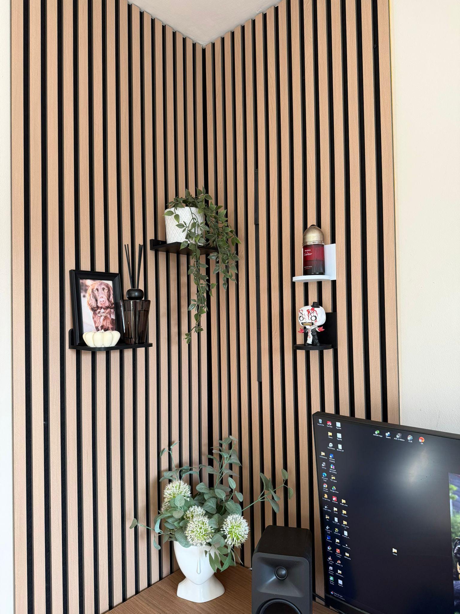 4x Acoustic Panel Floating Shelf | Black PLA Slat Wall Storage (170x120mm)