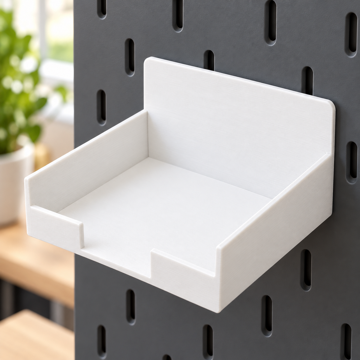 White pegboard tray shelf, angled view