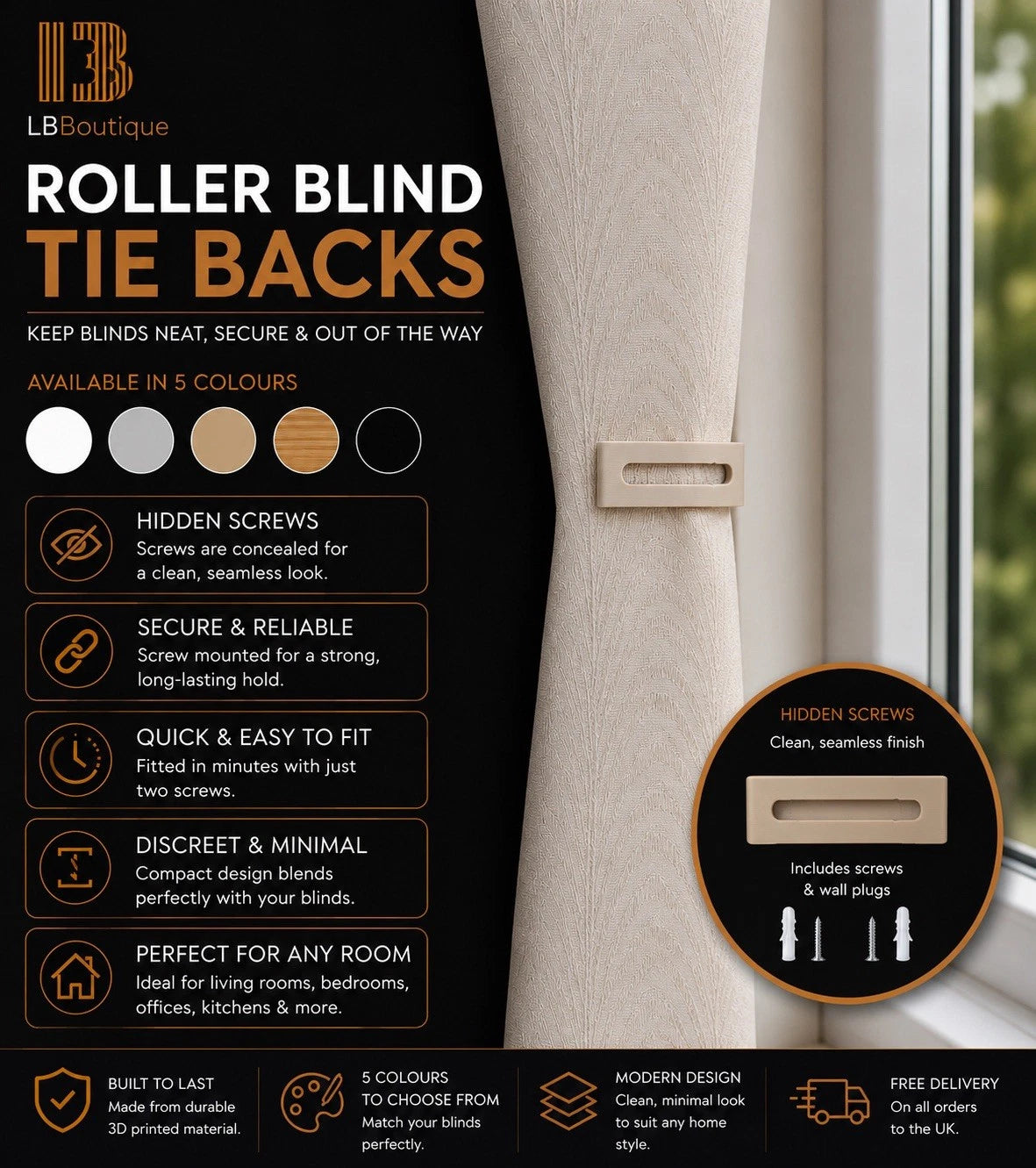 Infographic for LB Boutique roller blind tie-back clips, available in 5 colours, shown fitted on a window blind