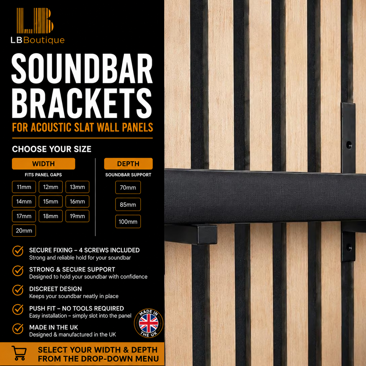 Soundbar brackets for acoustic slat wall panels, matte black pair