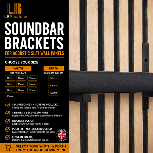 Soundbar brackets for acoustic slat wall panels, matte black pair